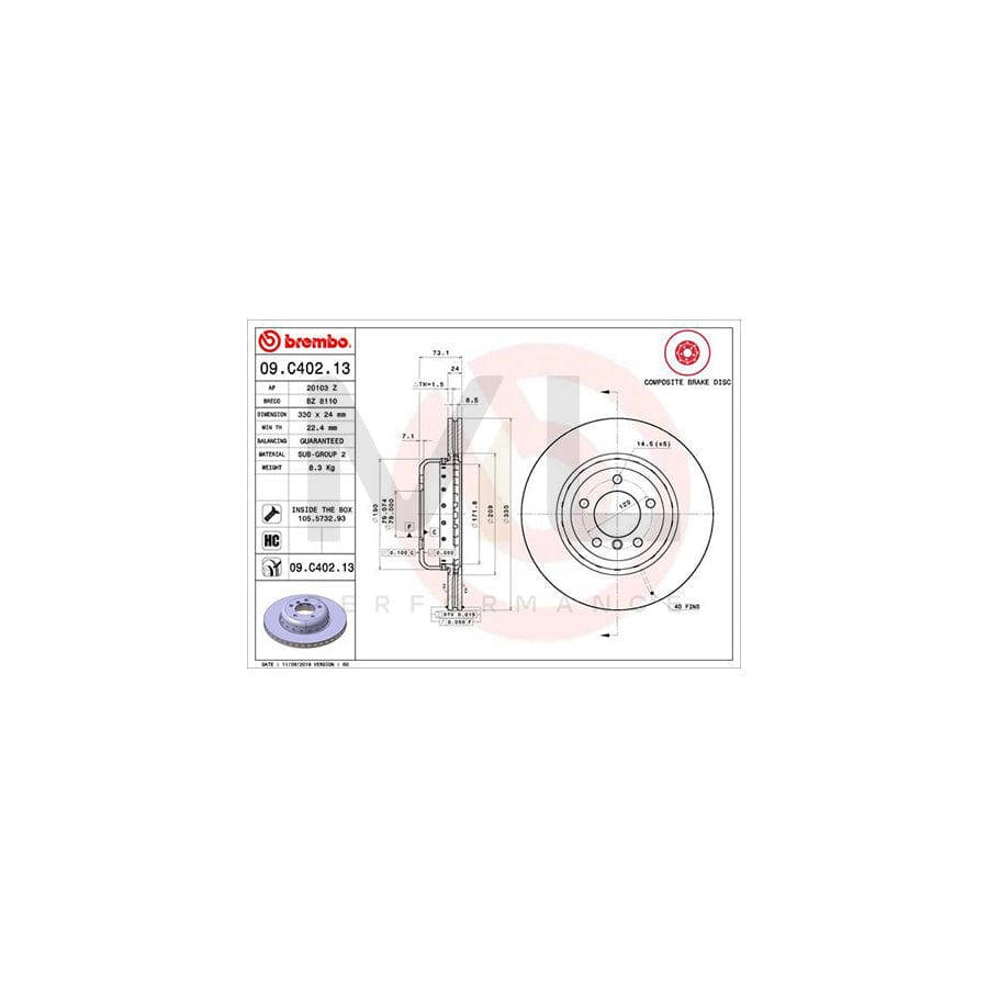 BREMBO 09.C402.13 Brake Disc for BMW Z4 Roadster (E89) Internally Vented, Coated, High-carbon, with bolts/screws | ML Performance Car Parts