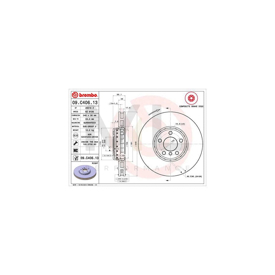 BREMBO TWO-PIECE DISCS LINE 09.C406.13 Brake Disc Front Axle Right, Internally Vented, Two-piece brake disc, Coated, High-carbon, with bolts/screws | ML Performance Car Parts