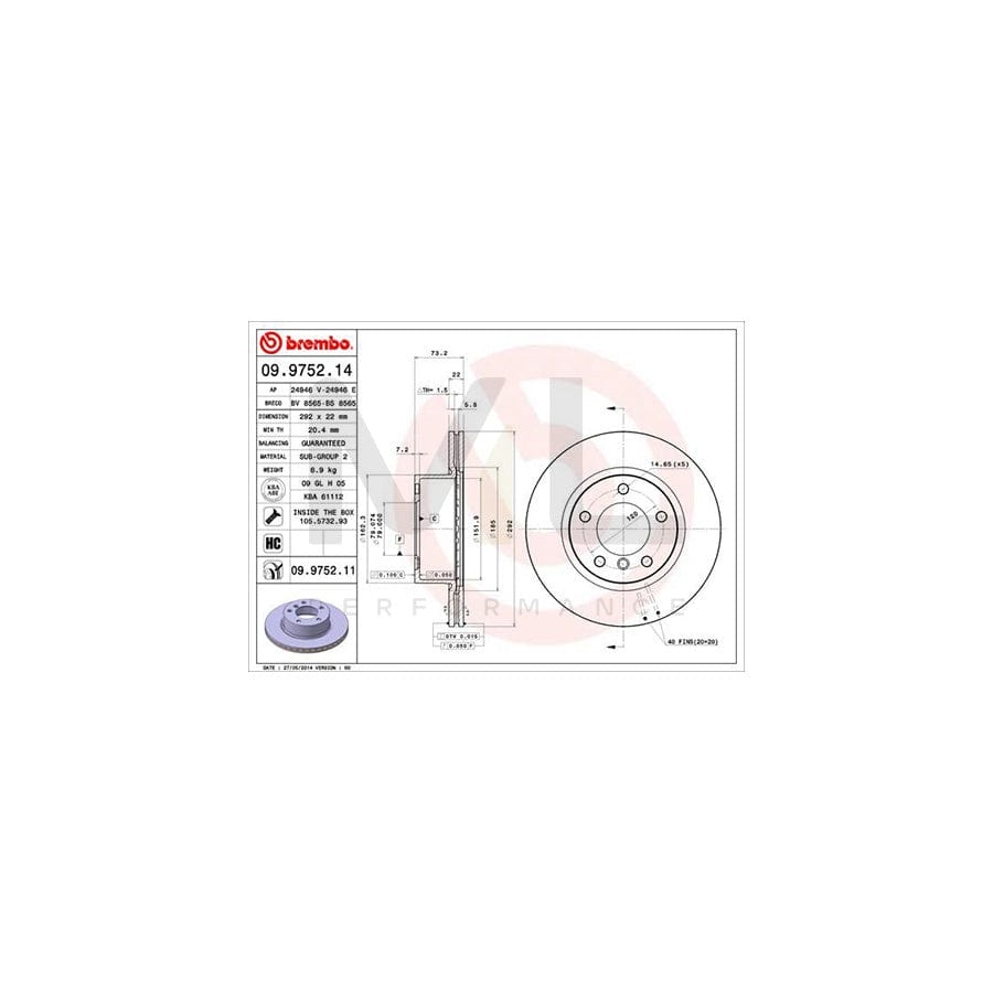 BREMBO 09.9752.14 Brake Disc Internally Vented, High-carbon, with bolts/screws | ML Performance Car Parts