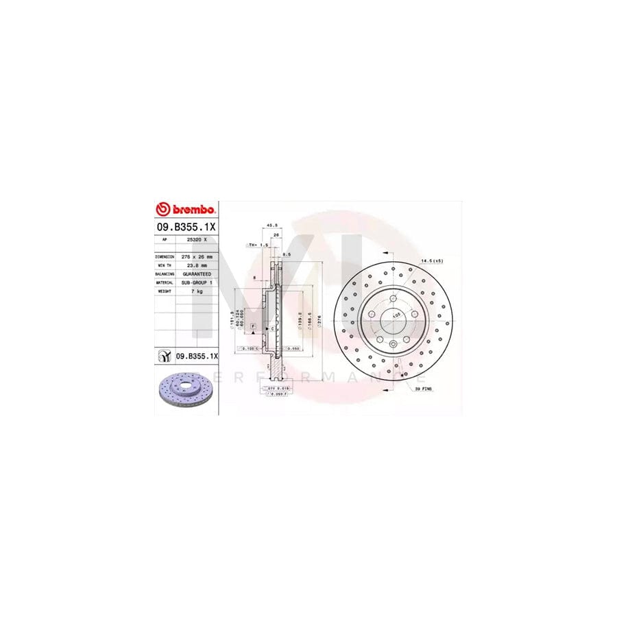 BREMBO XTRA LINE 09.B355.1X Brake Disc Perforated / Vented, Coated, with bolts/screws | ML Performance Car Parts