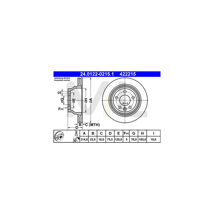 ATE 24.0122-0215.1 Brake Disc Vented, Coated, with bolts/screws | ML Performance Car Parts