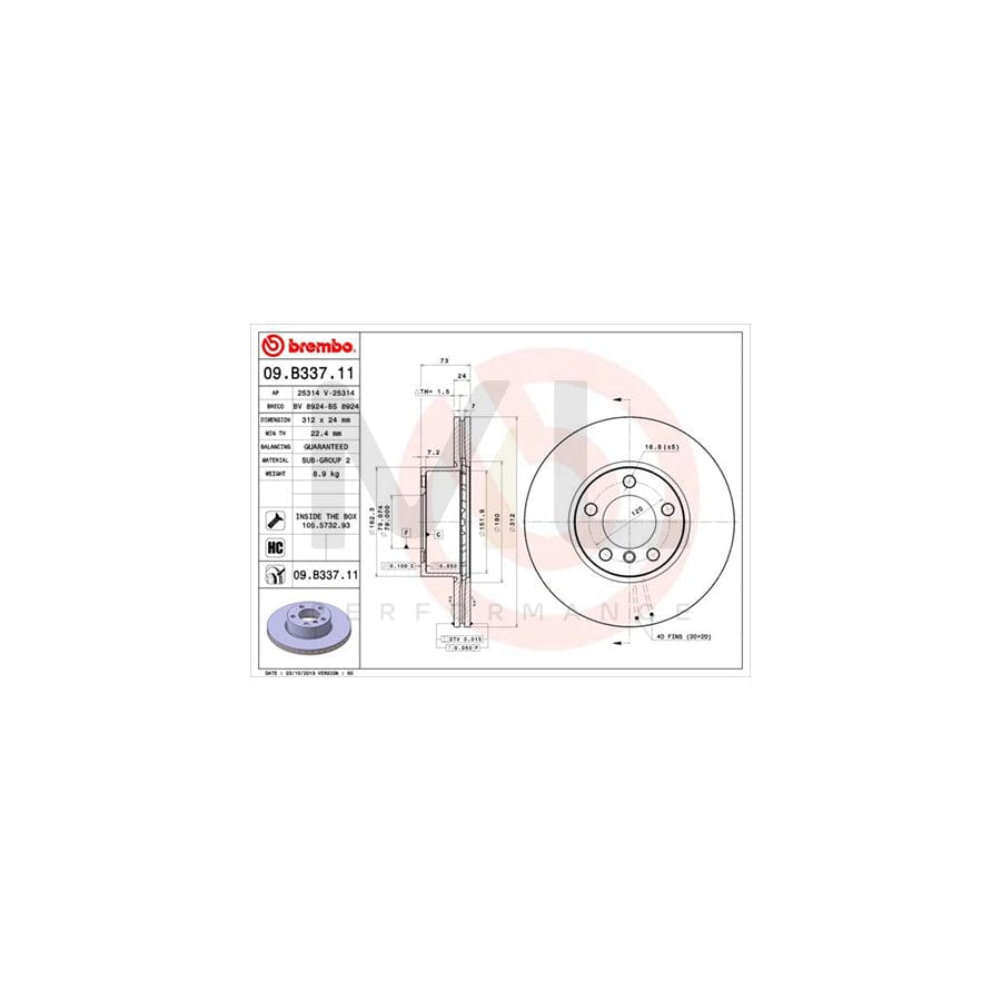 BREMBO 09.B337.11 Brake Disc Internally Vented, Coated, High-carbon, with bolts/screws | ML Performance Car Parts