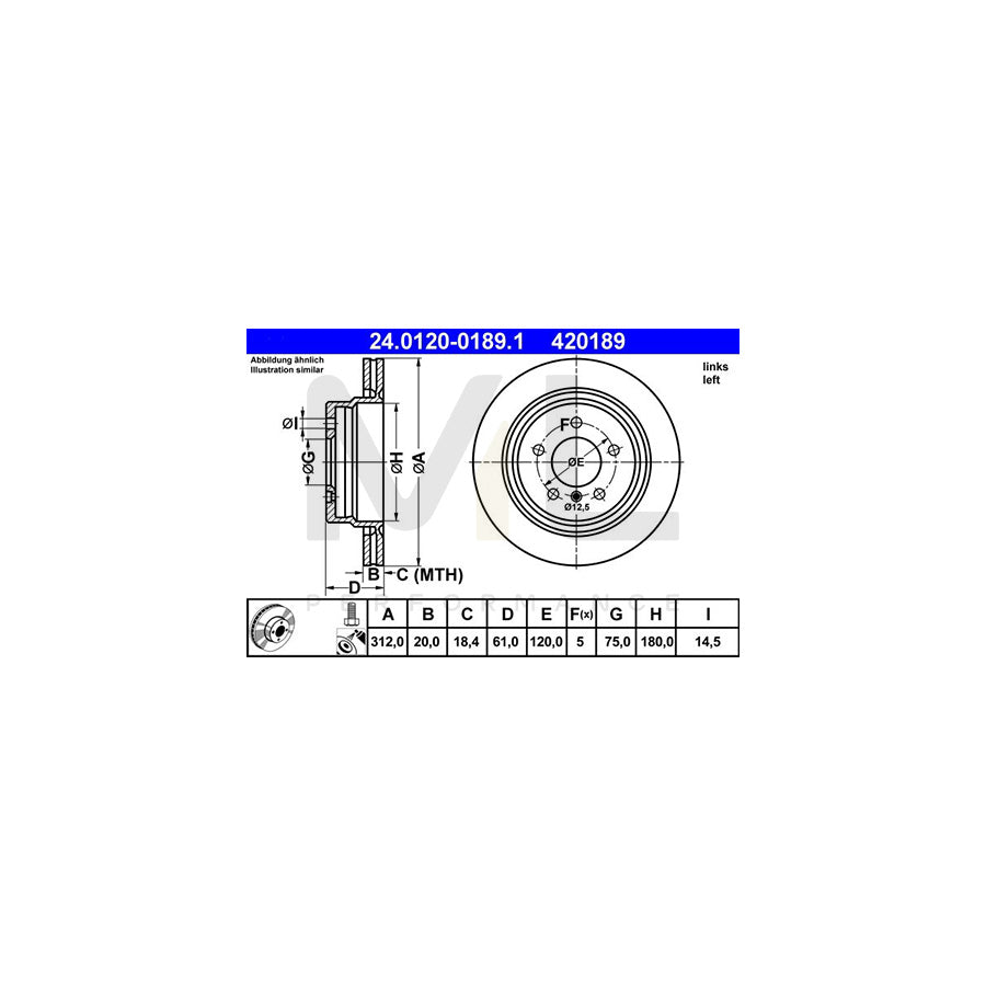 ATE 24.0120-0189.1 Brake Disc Vented, Coated, High-carbon, with bolts/screws | ML Performance Car Parts