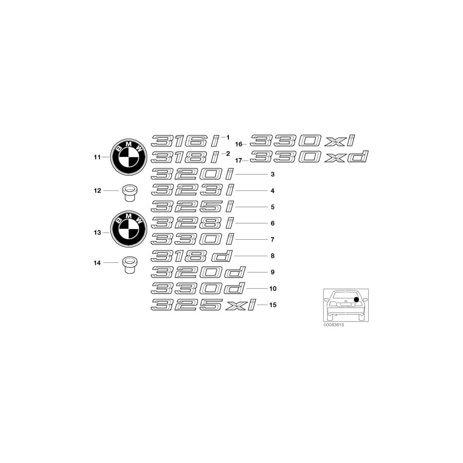 Genuine BMW 51147004681 E46 Emblem Adhered Rear - 323I - (Inc. 323i) | ML Performance UK Car Parts