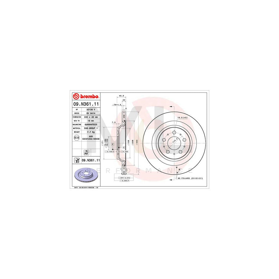 BREMBO 09.N361.11 Brake Disc for TESLA Model 3 (5YJ3) Internally Vented, Coated | ML Performance Car Parts