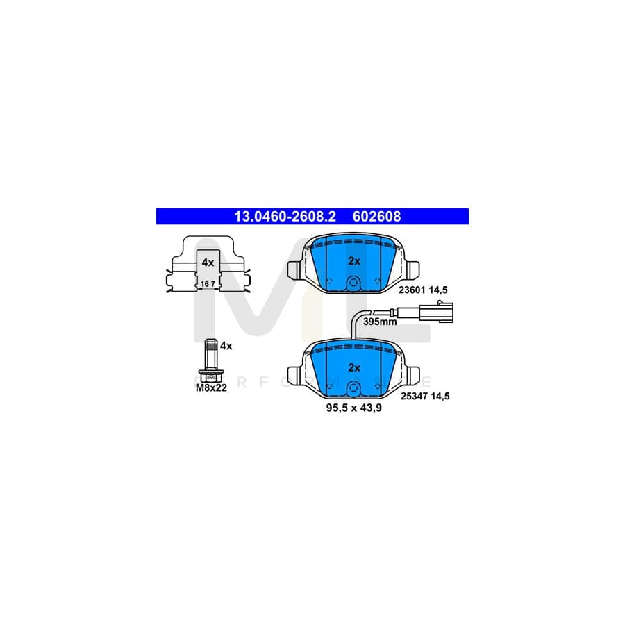 ATE 13.0460-2608.2 Brake pad set incl. wear warning contact, with brake caliper screws, with accessories | ML Performance Car Parts