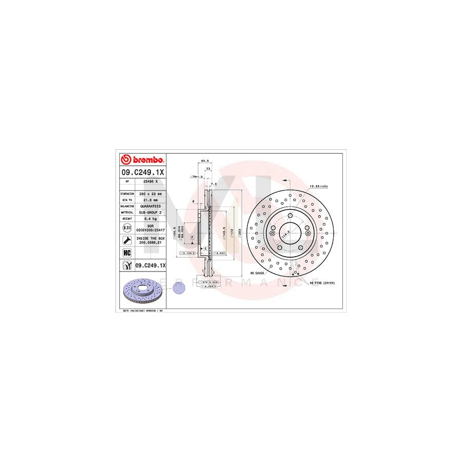 BREMBO 09.C249.1X Brake Disc Perforated / Vented, Coated, High-carbon, with bolts/screws | ML Performance Car Parts