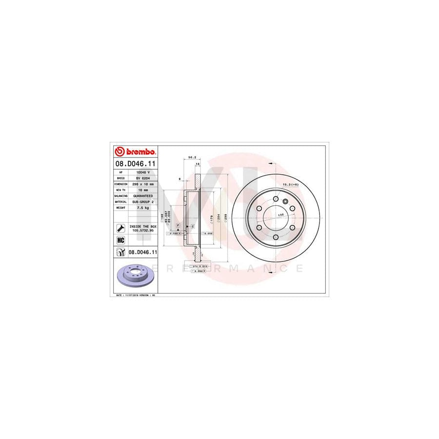 BREMBO 08.D046.11 Brake Disc suitable for MERCEDES-BENZ SPRINTER Solid, Coated, High-carbon, with bolts/screws | ML Performance Car Parts