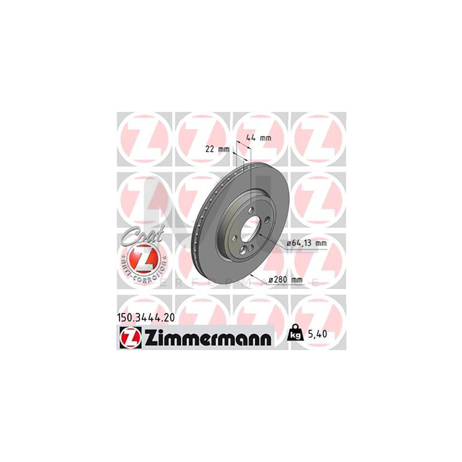 ZIMMERMANN COAT Z 150.3444.20 Brake Disc Internally Vented, Coated, High-carbon | ML Performance Car Parts