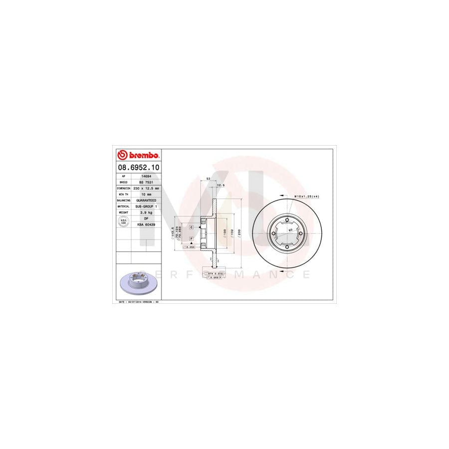 BREMBO 08.6952.10 Brake Disc for SUBARU LEONE Solid | ML Performance Car Parts