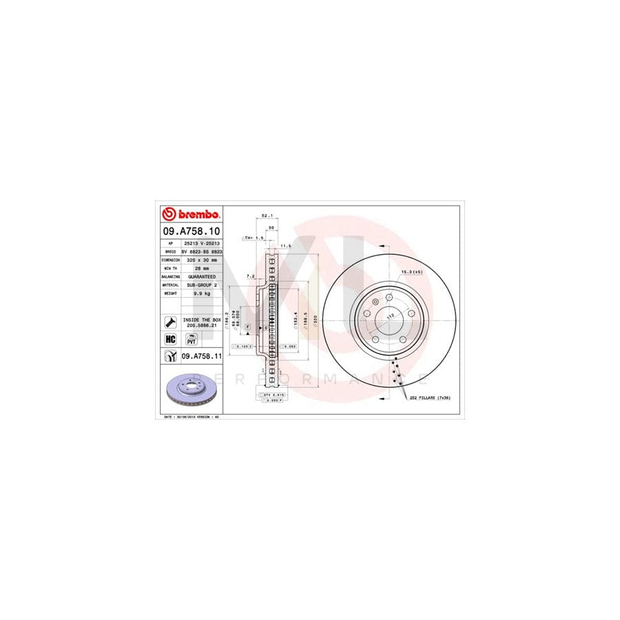 BREMBO 09.A758.10 Brake Disc Internally Vented, High-carbon, with bolts/screws | ML Performance Car Parts