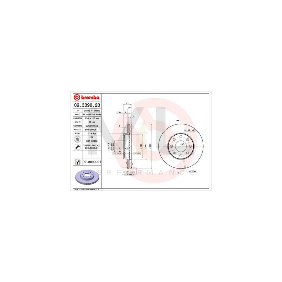 BREMBO 09.3090.20 Brake Disc Internally Vented, with bolts/screws | ML Performance Car Parts