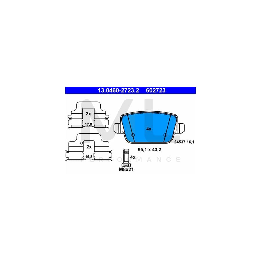 ATE 13.0460-2723.2 Brake pad set excl. wear warning contact, not prepared for wear indicator, with brake caliper screws, with accessories | ML Performance Car Parts