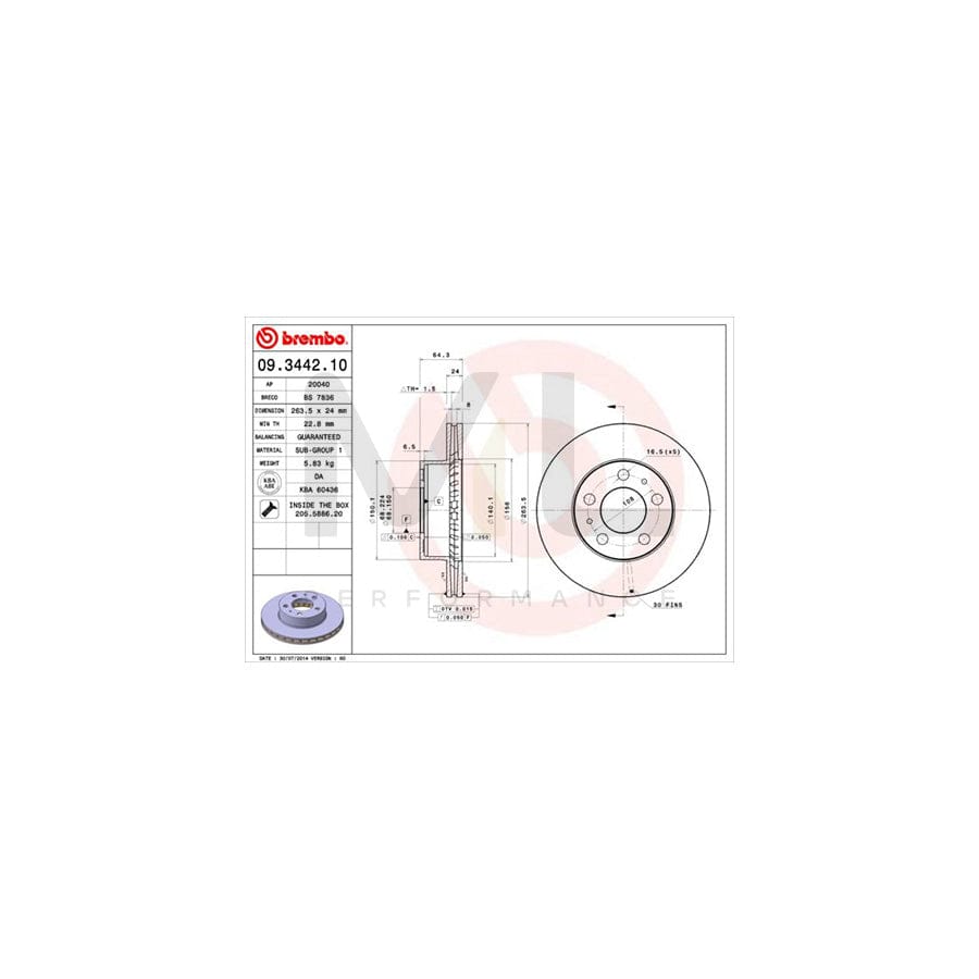 BREMBO 09.3442.10 Brake Disc Internally Vented, with bolts/screws | ML Performance Car Parts