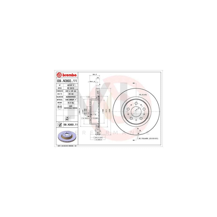 BREMBO 09.N360.11 Brake Disc for TESLA Model 3 (5YJ3) Internally Vented, Coated | ML Performance Car Parts