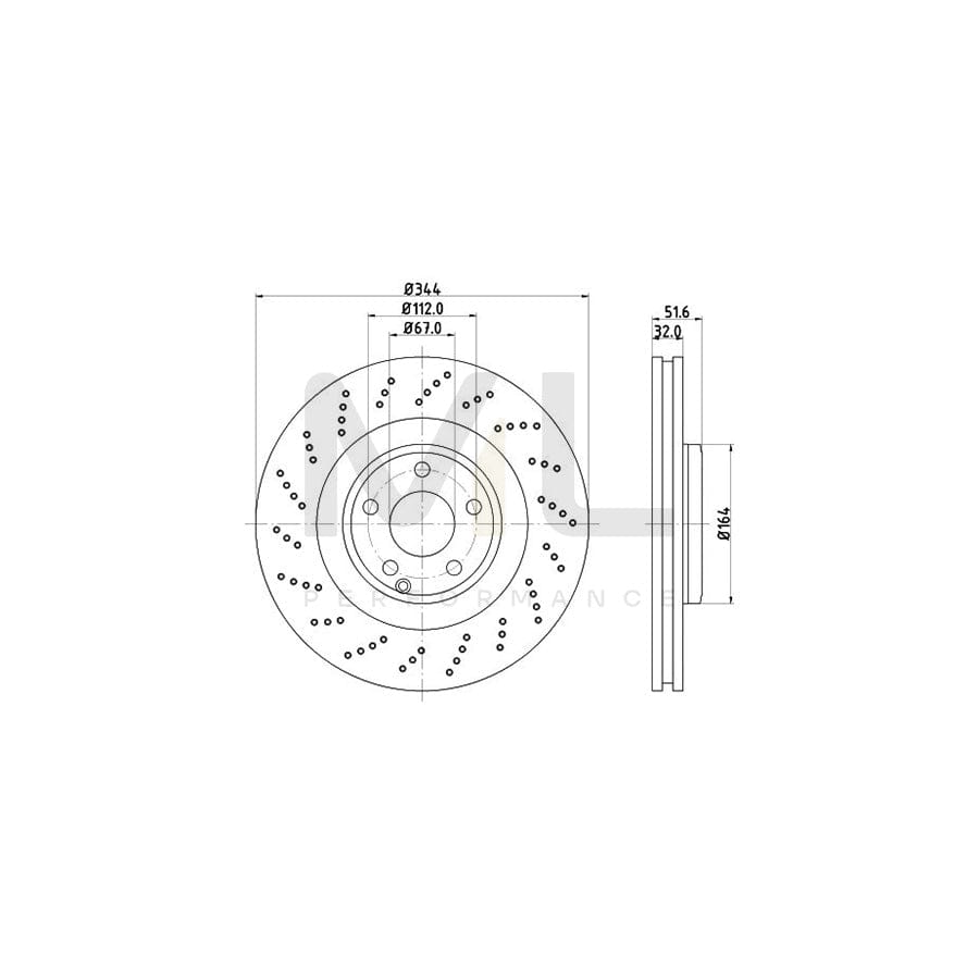 HELLA 8DD 355 126-381 Brake Disc suitable for MERCEDES-BENZ CLS Internally Vented, Perforated, Coated, High-carbon, without wheel hub, without wheel studs | ML Performance Car Parts