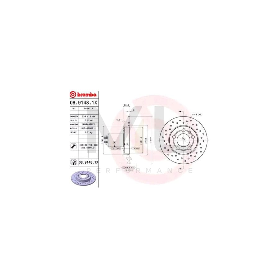 BREMBO XTRA LINE 08.9148.1X Brake Disc Perforated, Solid, Coated, with bolts/screws | ML Performance Car Parts