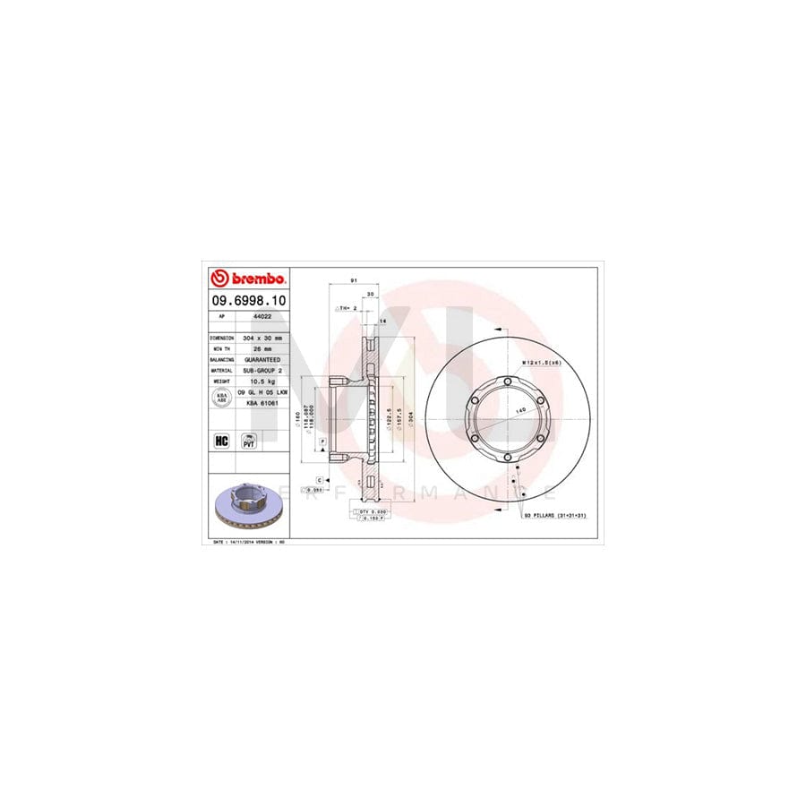 BREMBO 09.6998.10 Brake Disc suitable for MERCEDES-BENZ VARIO Internally Vented, High-carbon | ML Performance Car Parts