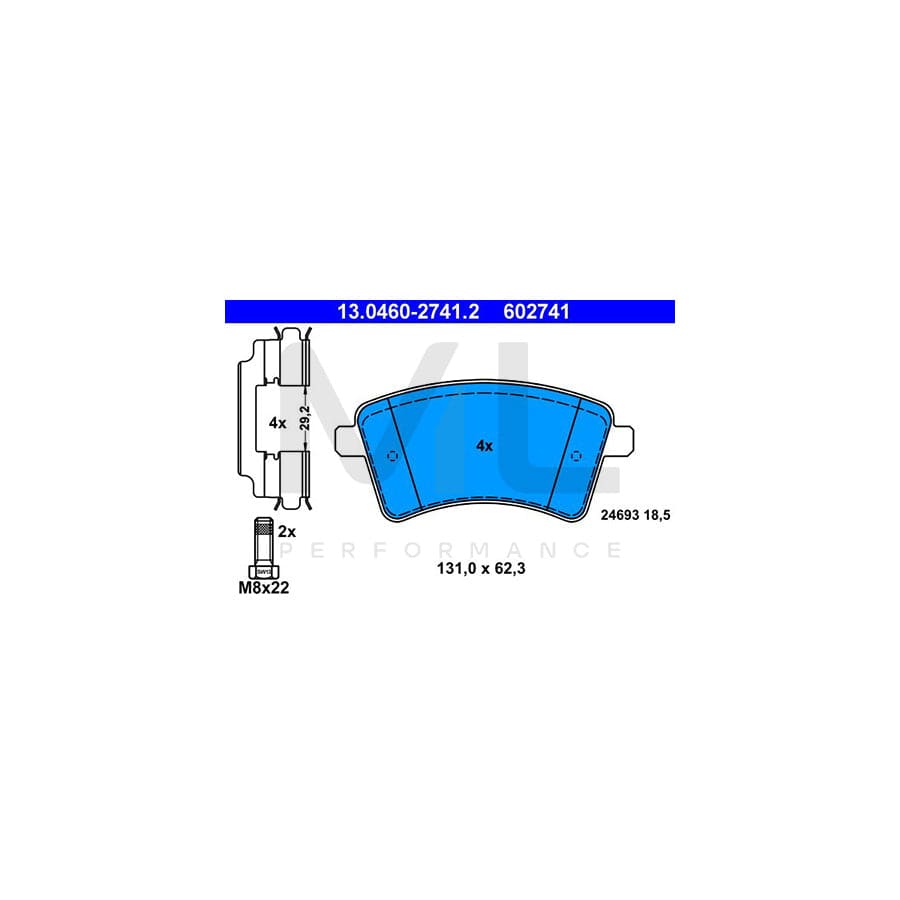 ATE 13.0460-2741.2 Brake pad set for RENAULT KANGOO excl. wear warning contact, not prepared for wear indicator, with brake caliper screws, with accessories | ML Performance Car Parts