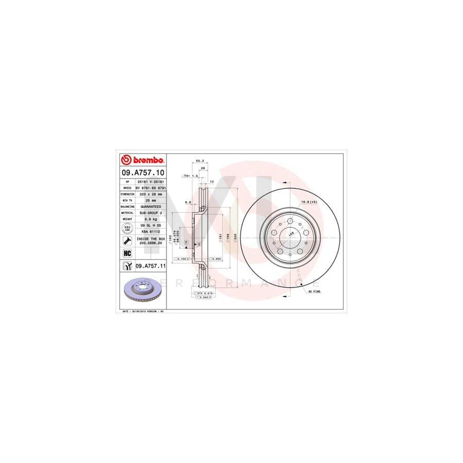 BREMBO 09.A757.10 Brake Disc Internally Vented, High-carbon, with bolts/screws | ML Performance Car Parts