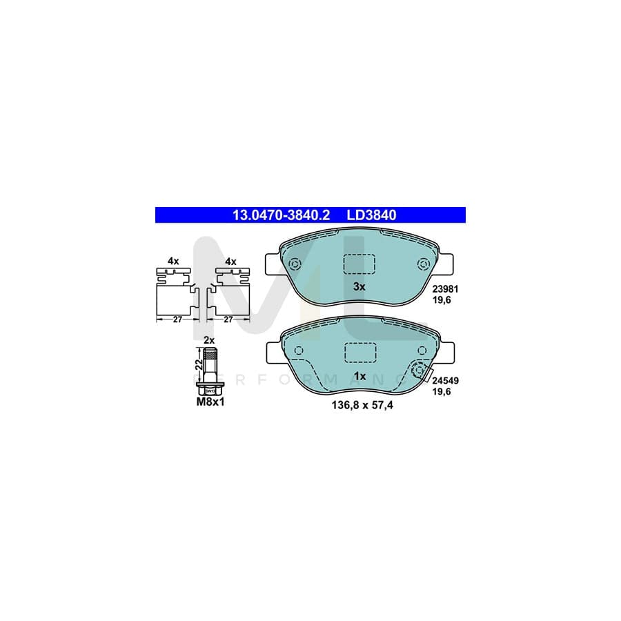 ATE Ceramic 13.0470-3840.2 Brake pad set with acoustic wear warning, with brake caliper screws, with accessories | ML Performance Car Parts