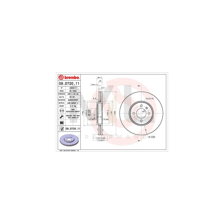 BREMBO 09.D720.11 Brake Disc for VW up! Hatchback (121, 122, BL1, BL2) Internally Vented, Coated, High-carbon, with bolts/screws | ML Performance Car Parts