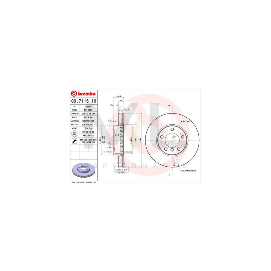 BREMBO 09.7115.10 Brake Disc for BMW 5 Series Internally Vented, with bolts/screws | ML Performance Car Parts