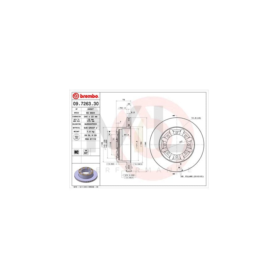 BREMBO 09.7263.30 Brake Disc Internally Vented, High-carbon | ML Performance Car Parts