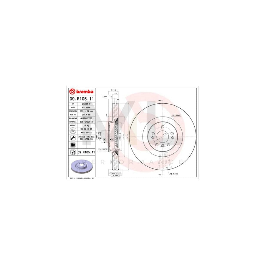 BREMBO COATED DISC LINE 09.R105.11 Brake Disc Internally Vented, Coated, High-carbon, with bolts/screws | ML Performance Car Parts