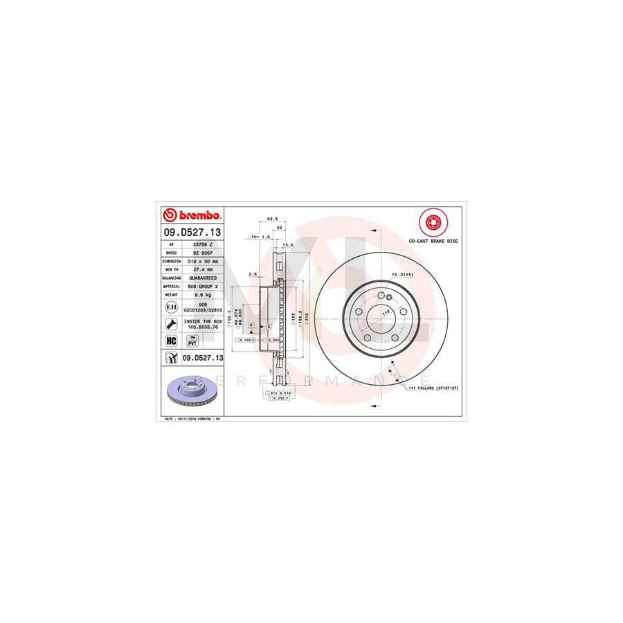 BREMBO 09.D527.13 Brake Disc suitable for MERCEDES-BENZ C-Class Internally Vented, Two-piece brake disc, Coated, High-carbon, with bolts/screws | ML Performance Car Parts