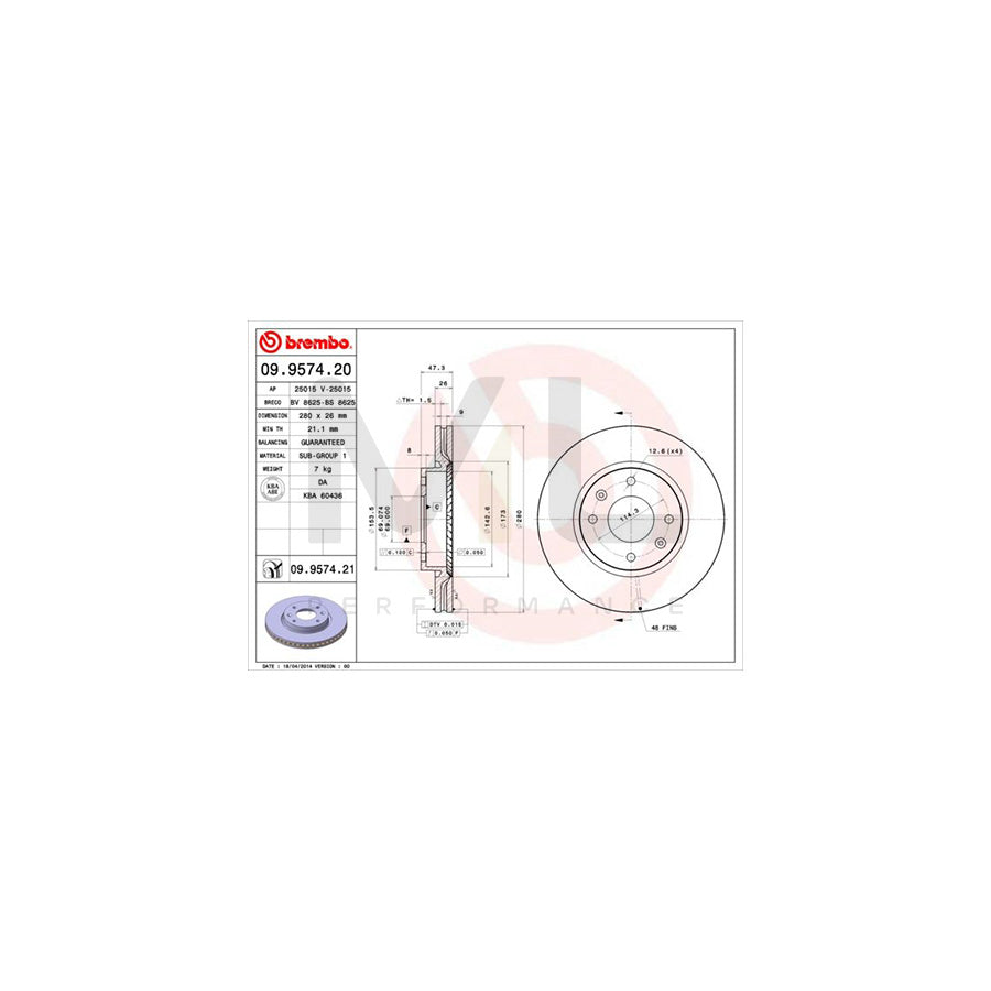 BREMBO 09.9574.20 Brake Disc Internally Vented | ML Performance Car Parts