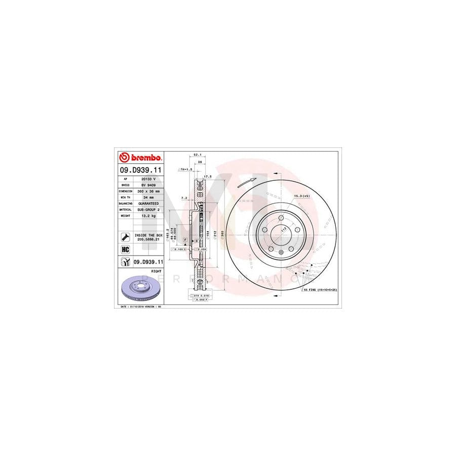 BREMBO 09.D939.11 Brake Disc for PORSCHE Macan (95B) Internally Vented, Slotted, Coated, High-carbon, with bolts/screws | ML Performance Car Parts