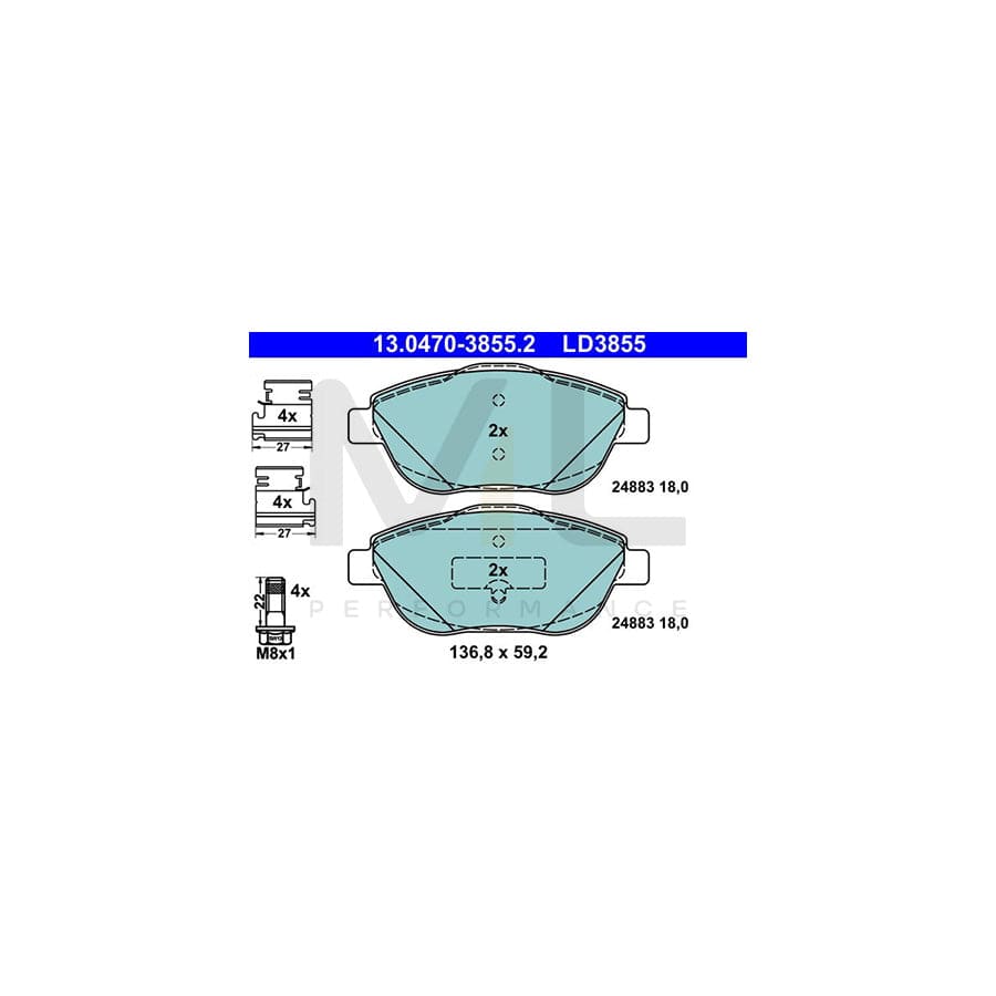 ATE Ceramic 13.0470-3855.2 Brake pad set excl. wear warning contact, not prepared for wear indicator, with brake caliper screws, with accessories | ML Performance Car Parts