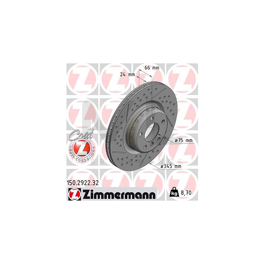 ZIMMERMANN FORMULA F COAT Z 150.2922.32 Brake Disc Drilled dimples, Internally Vented, Slotted, Two-piece brake disc, Coated, High-carbon | ML Performance Car Parts