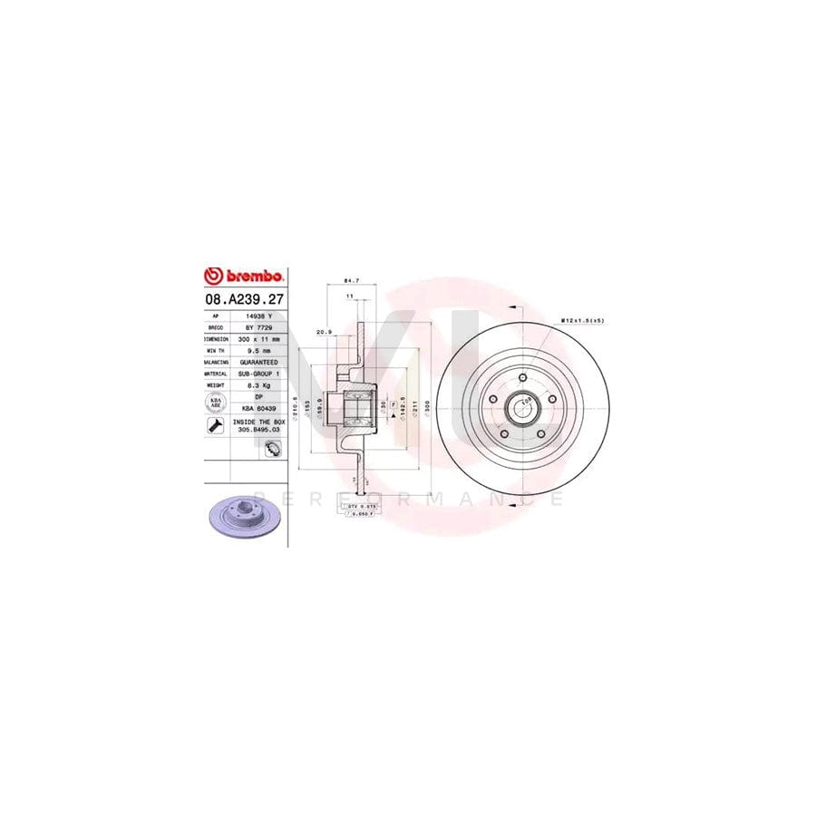 BREMBO BEARING DISC LINE 08.A239.27 Brake Disc for RENAULT Vel Satis Solid, with ABS sensor ring, with wheel bearing set | ML Performance Car Parts