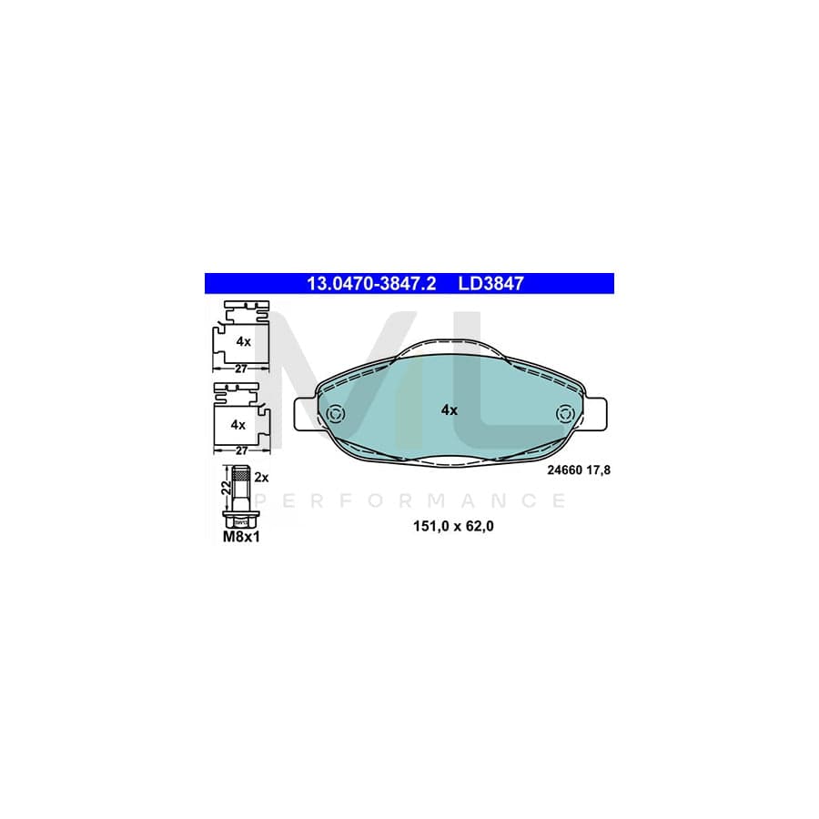 ATE Ceramic 13.0470-3847.2 Brake pad set excl. wear warning contact, not prepared for wear indicator, with brake caliper screws, with accessories | ML Performance Car Parts