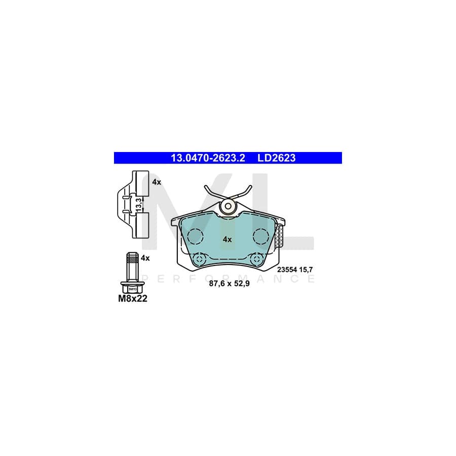 ATE 13.0470-2623.2 Brake pad set excl. wear warning contact, not prepared for wear indicator, with brake caliper screws, with accessories | ML Performance Car Parts