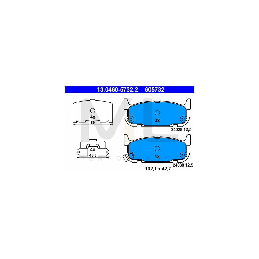 ATE 13.0460-5732.2 Brake pad set for MAZDA MX-5 II (NB) with acoustic wear warning, with anti-squeak plate, with accessories | ML Performance Car Parts