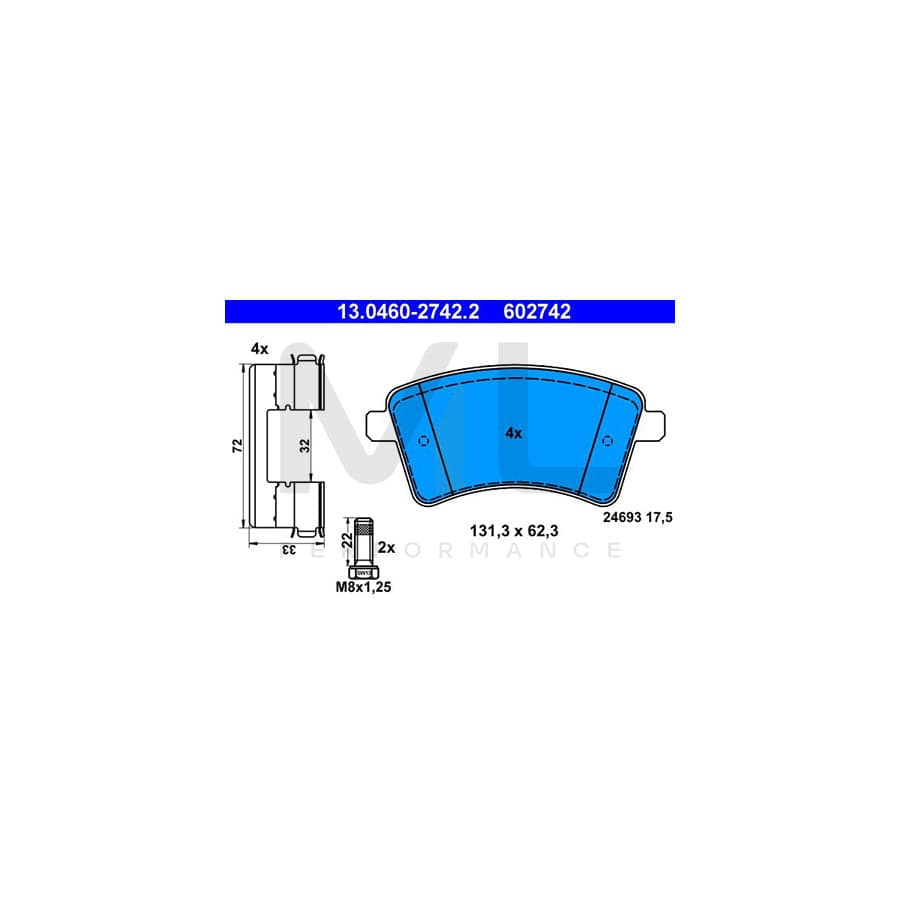 ATE 13.0460-2742.2 Brake pad set excl. wear warning contact, not prepared for wear indicator, with brake caliper screws, with accessories | ML Performance Car Parts