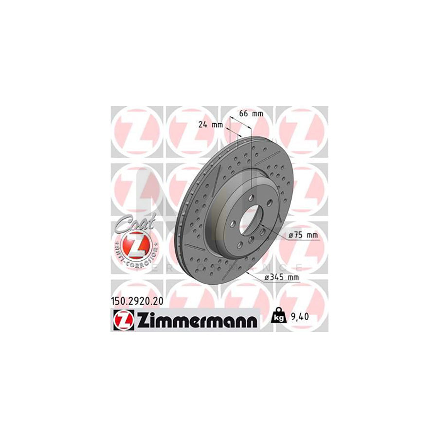 ZIMMERMANN COAT Z 150.2920.20 Brake Disc Drilled dimples, Internally Vented, Slotted, Coated, High-carbon | ML Performance Car Parts