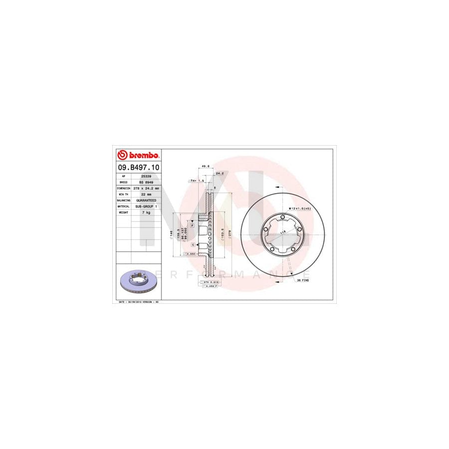 BREMBO 09.B497.10 Brake Disc for NISSAN Cabstar E Platform / Chassis (TL_, VL_) Internally Vented | ML Performance Car Parts