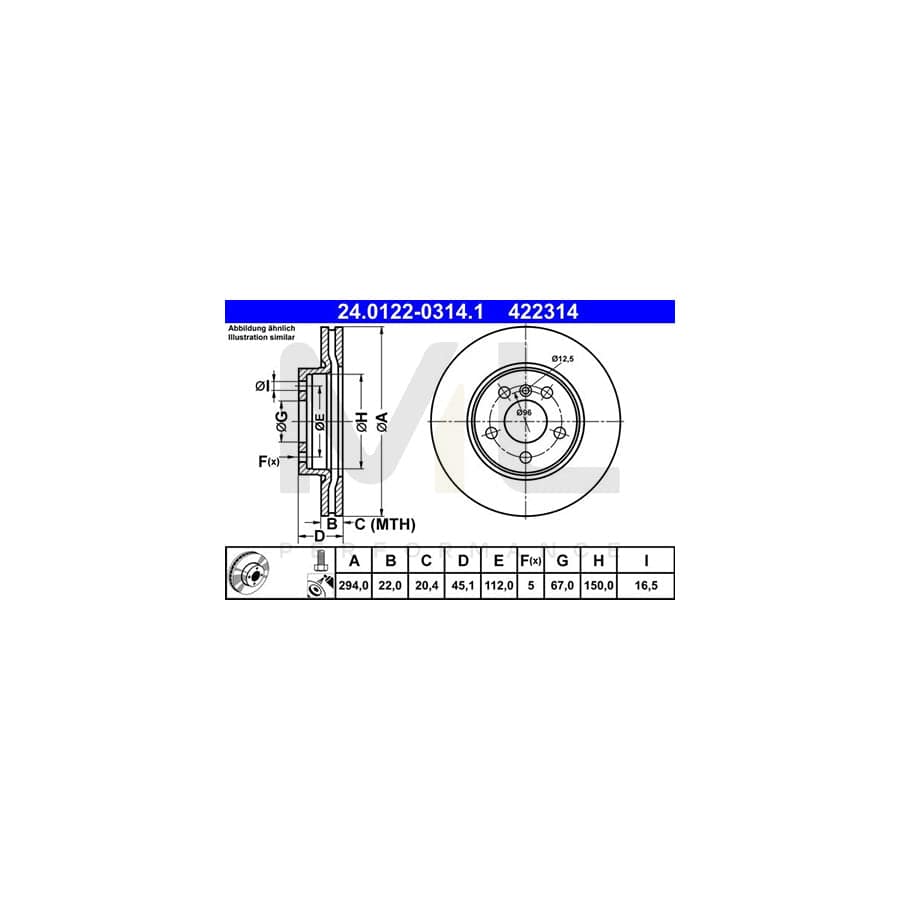 ATE 24.0122-0314.1 Brake Disc Vented, Coated, High-carbon, with bolts/screws | ML Performance Car Parts