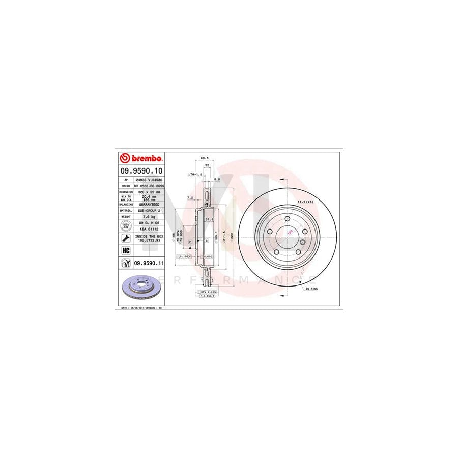 BREMBO 09.9590.10 Brake Disc for BMW 3 Series Internally Vented, High-carbon, with bolts/screws | ML Performance Car Parts