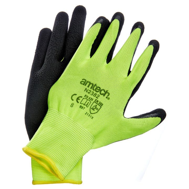 Amtech Hi-Vis Latex Coated Gloves Medium (Size:8) | ML Performance DIY & Power Tools