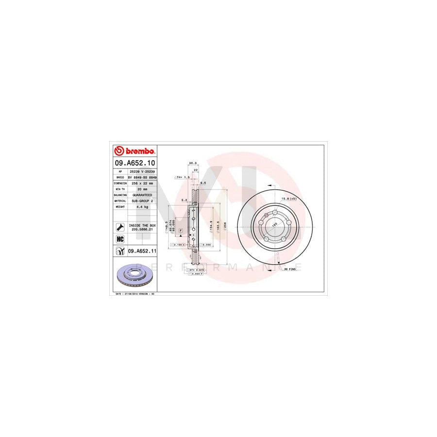 BREMBO 09.A652.10 Brake Disc Internally Vented, High-carbon, with bolts/screws | ML Performance Car Parts