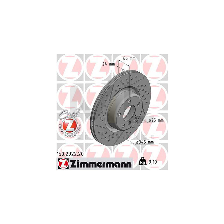 ZIMMERMANN COAT Z 150.2922.20 Brake Disc Drilled dimples, Internally Vented, Slotted, Coated, High-carbon | ML Performance Car Parts