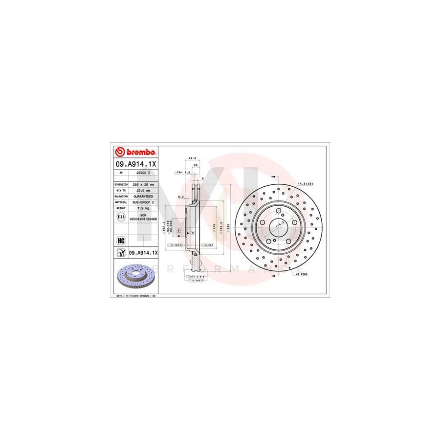 BREMBO 09.A914.1X Brake Disc Perforated / Vented, Coated, High-carbon | ML Performance Car Parts