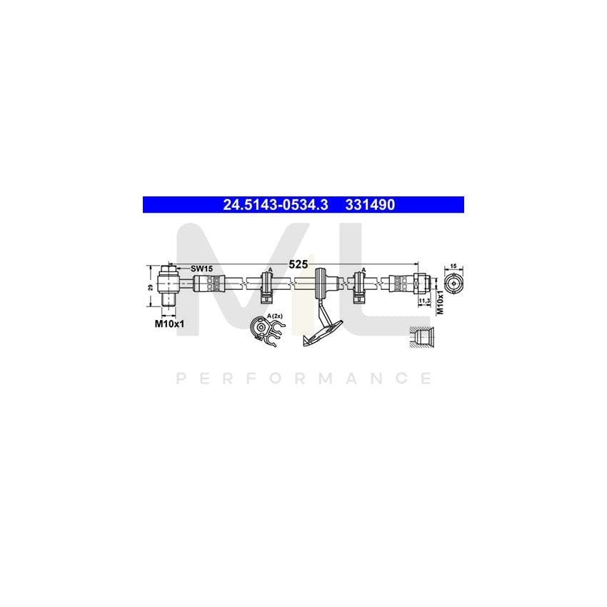 ATE 24.5143-0534.3 Brake Hose suitable for MERCEDES-BENZ ML-Class (W163) 525mm, M10x1 | ML Performance Car Parts