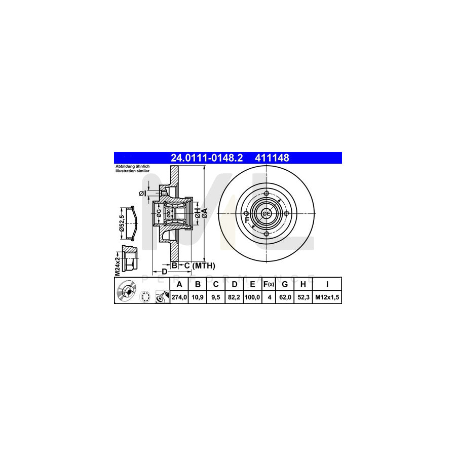 ATE 24.0111-0148.2 Brake Disc for RENAULT Grand Sc???nic II (JM) Solid, Coated, with ABS sensor ring, with wheel bearing | ML Performance Car Parts