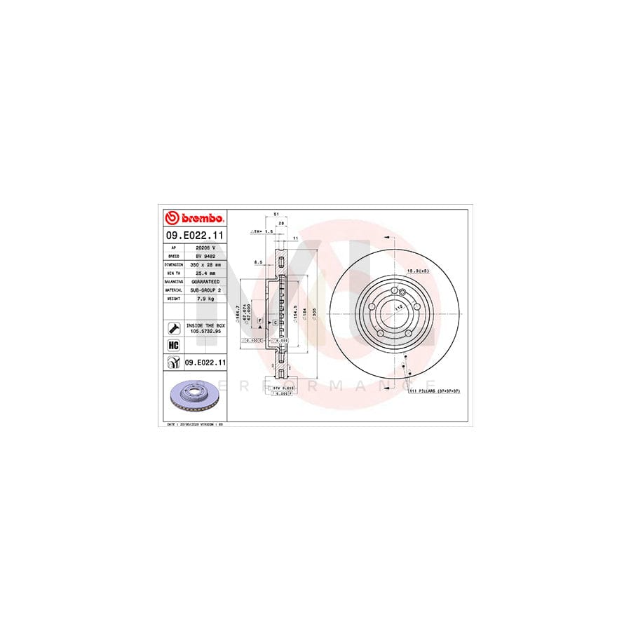 BREMBO 09.E022.11 Brake Disc Internally Vented, Coated, High-carbon, with bolts/screws | ML Performance Car Parts